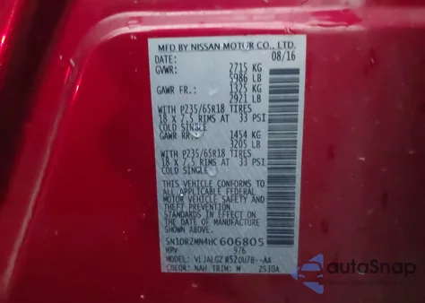 2017 Nissan Pathfinder Sl from USA, damaged, VIN 5N1DR2MN4HC606805